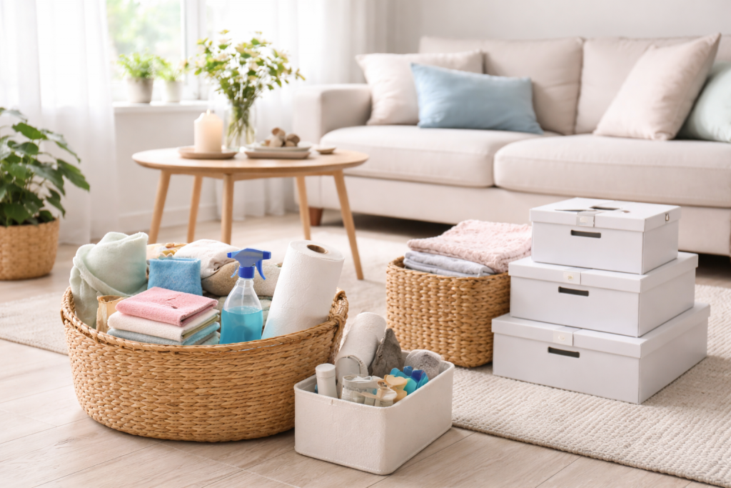 Frühjahrsputz im sonnigen Wohnzimmer